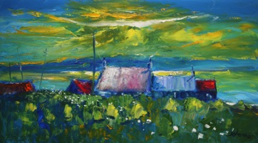 Wee haystacks in early dawnlight Iona 18x32